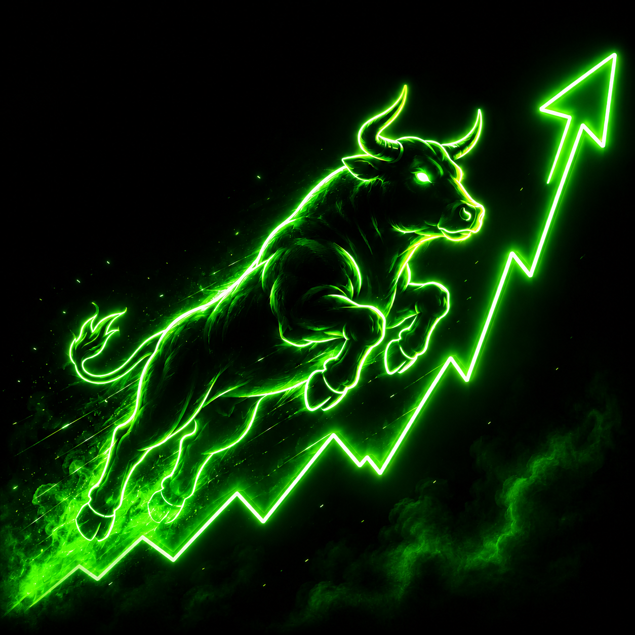 Neon green bull charging up a rising chart — the BULLISH mascot