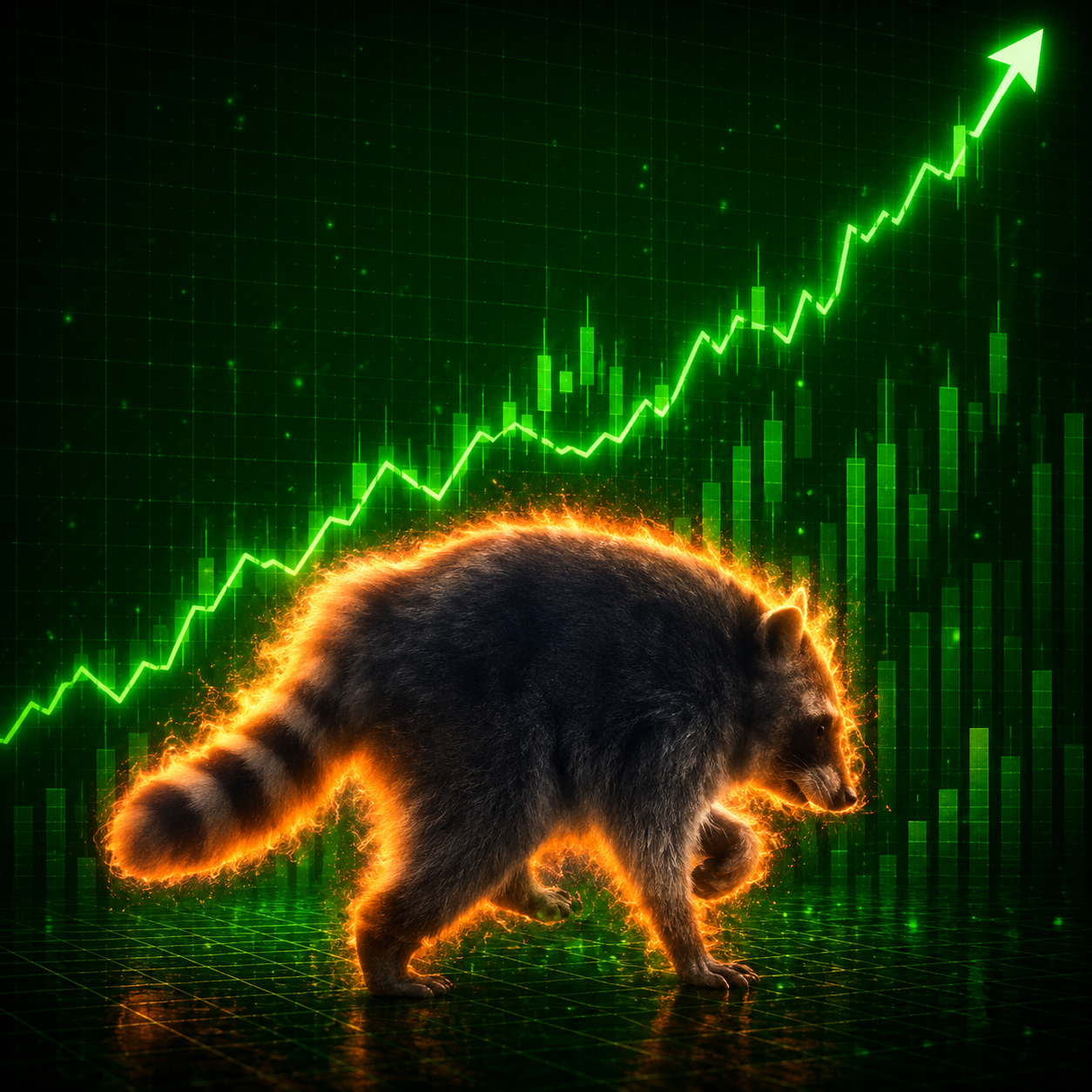 LOOONGCOON — a flaming raccoon charging up a neon green candlestick chart